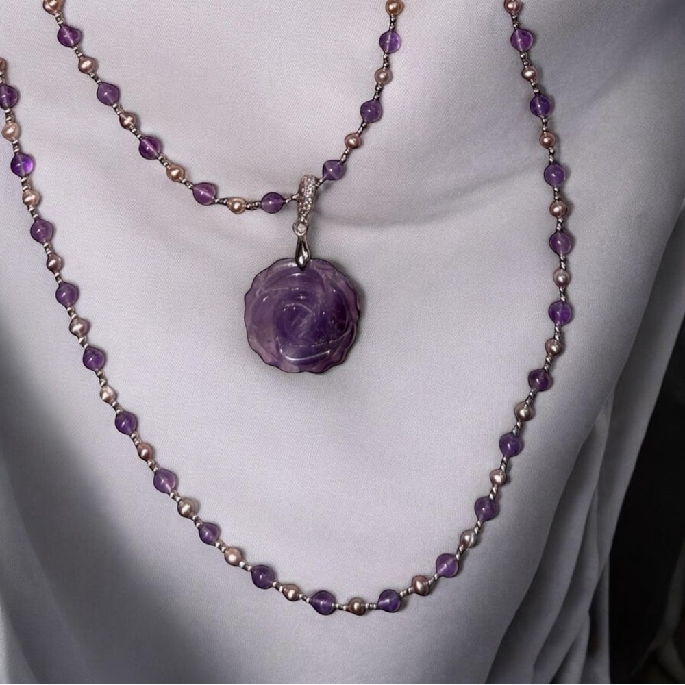 Premium Fresh Water Pearl & Natural Amethyst Necklace W/ Removable Rose Pendant